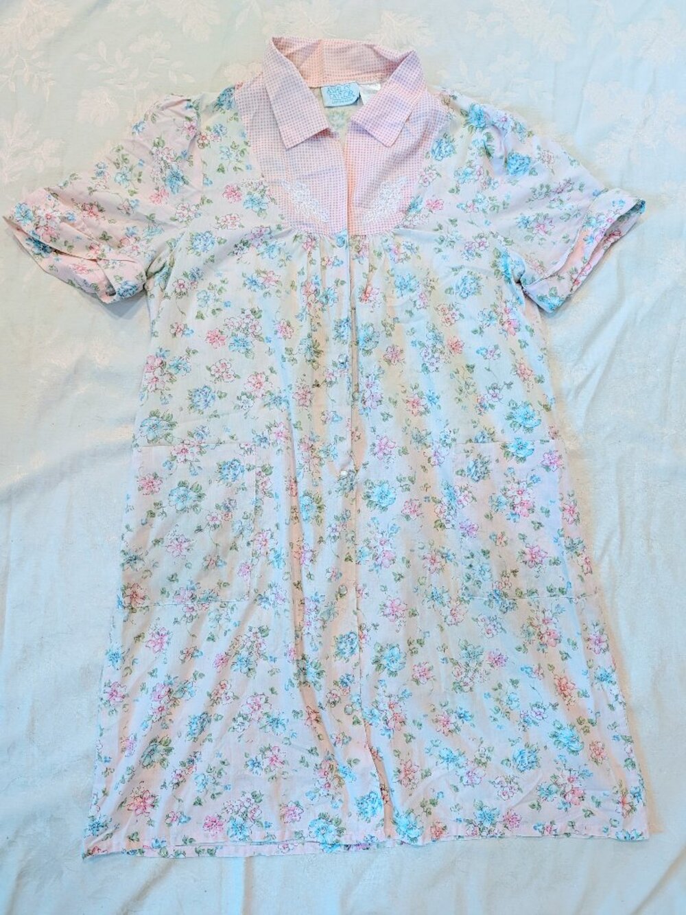 VTG Ashley Taylor Pink Floral House Dress Sz L Collar Muumuu Button Nightgown